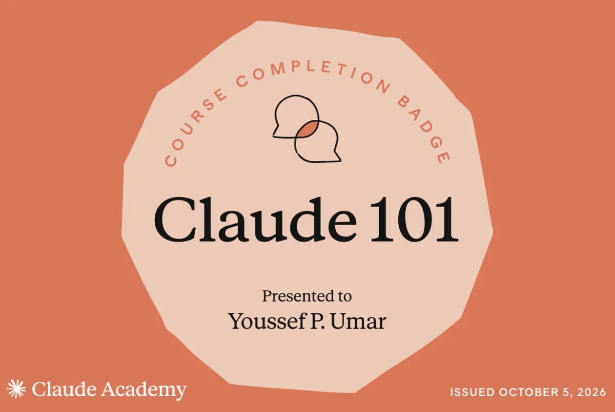 Selo de conclusão de curso da Claude Academy: Claude 101, emitido para Youssef P. Umar em 5 de outubro de 2026